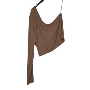 Gianni Bini Women's Top Rib One Shoulder Long Sleeve‎ Stretch Crop Brown XL NWT